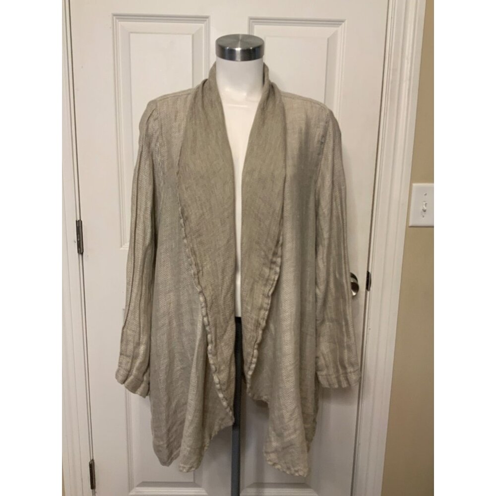 Flax Tan 100% Linen Open Front Long Sleeve Cardigan, Size XL